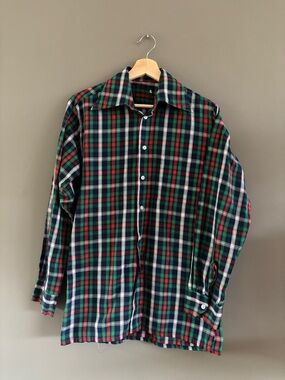Green Red Plaid Button Down Shirt Lightweight Tartan Mens Long Sleeve Medium